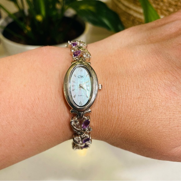 Vintage Gem Watch Sterling Silver Mother Of Pearl Face Amethyst Bracelet 7.5” - Picture 6 of 11